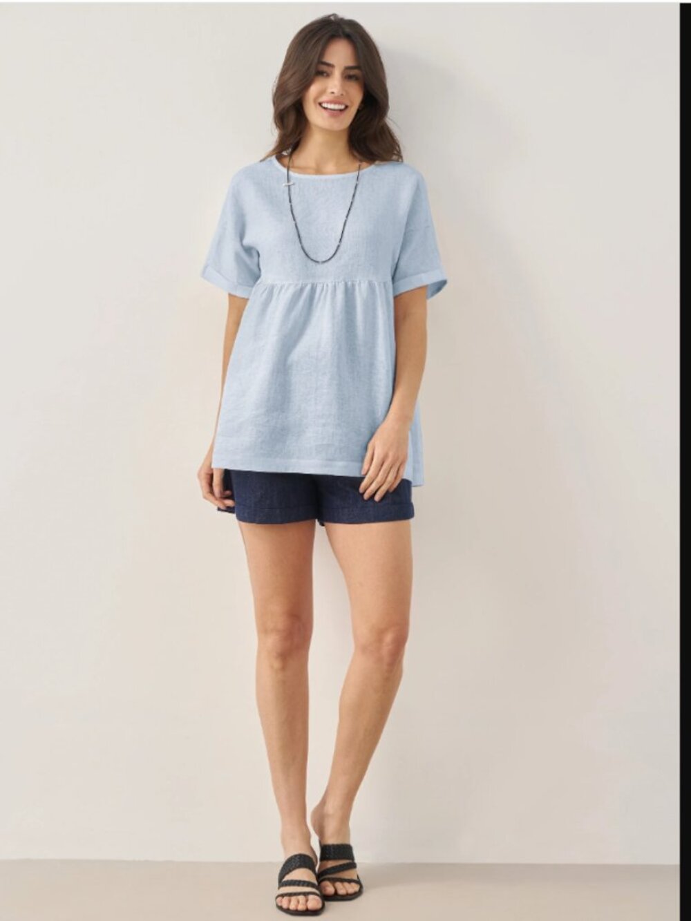 Lintico Linen Round Neck Pleated Pullover Top Baby Blue Size Medium